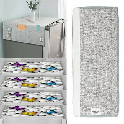 WISHLAND 1 Pc Fridge Cover for Top with 6 Pockets + 1 Handle Cover + 3 Fridge Mats( Fridge Cover Combo Set of 5 Pcs)