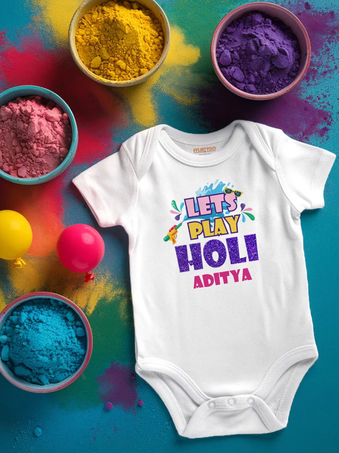 Let's Play Holi  Baby Romper | Onesies w/ Custom Name-White / Baby Romper / 0-3 Months