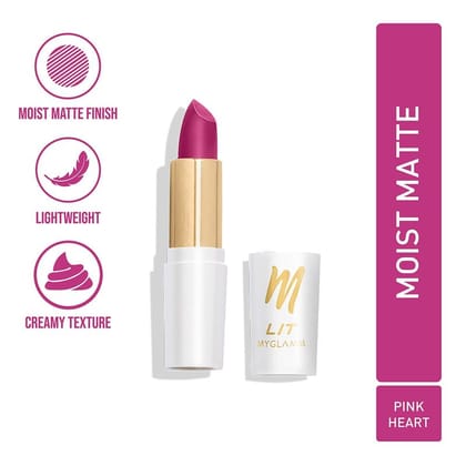 MyGlamm LIT Moist Matte Lipstick - Pink Heart (Bright Pink Shade)| Long Lasting, Pigmented, Hydrating Lipstick with Moringa Oil and Vitamin E