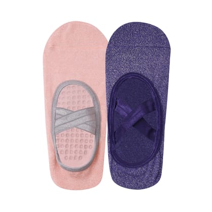 Pilates Set of 2 Socks For Women Anti Skid Grip - Pink & Purple