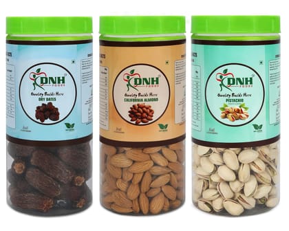 DRY FRUITS COMBO 450 GRAMS PACK 150G X 3 PC DATES ALMONDS PISTACHIO - Strengthens Muscles, Improves Heart Health, Supports Skin Glow