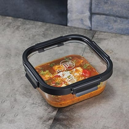IVEO Borosilicate Glass Container, Glass N Glass | Microwave Safe Food Container | Cook Serve Store | for Carrying and Storing Food | with GLASS LID | Leak proof | 320 ml, Square, 1 Pc, Black