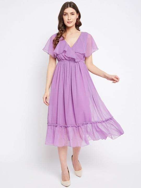 V-Neck Flared Sleeve Midi Empire Dress
