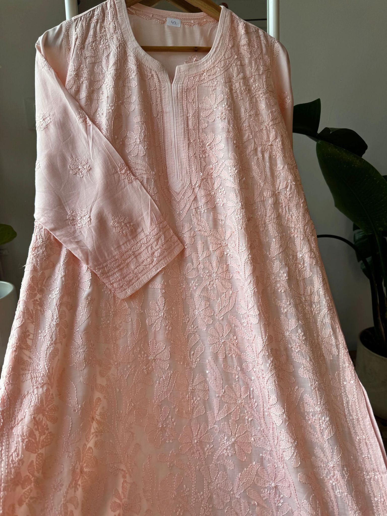 Muslin Chikankari Kurti - Pale Pink-Light Blue / Muslin / L