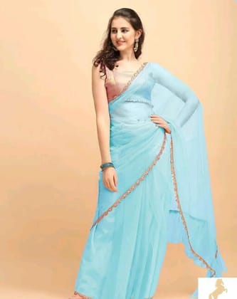 Trendy Solid Net Sarees With Lace Border