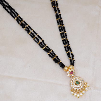 Elegant Black Beaded Mangalsutra with Gold Accents and Multicolored Gemstone Pendant