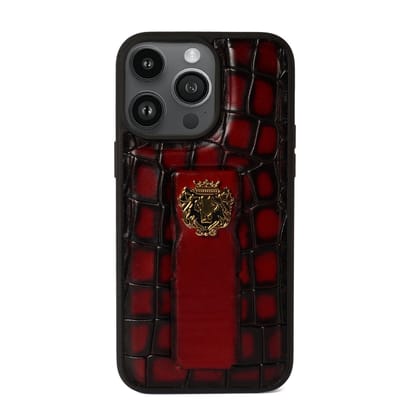 iPhone Series Mobile Cover Finger strap cum Stand Smokey Wine Croco Textured Leather with Metal Lion Logo-15ProMax
