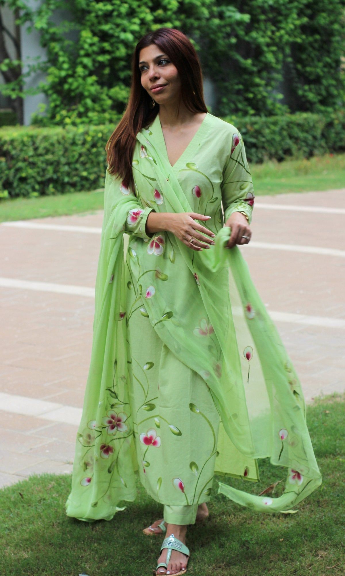 Cotton Lime Green Handpainted Suit Set with Chiffon Handpainted Dupatta-XS