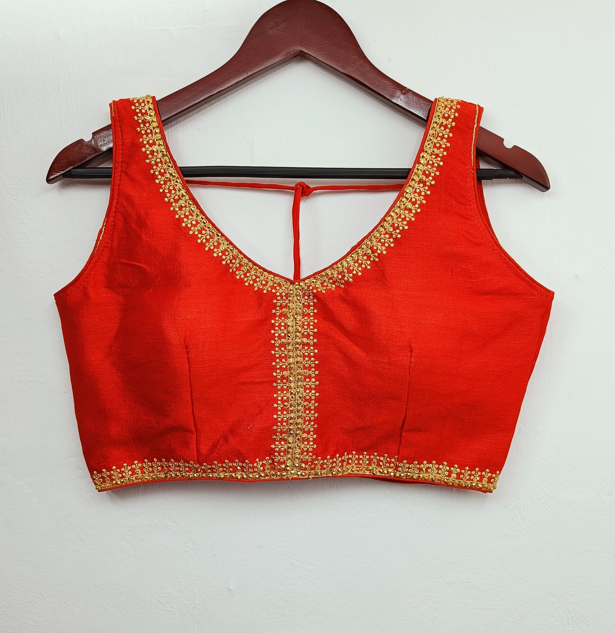 V-Nack sleeve less Fancy Blouse-Red