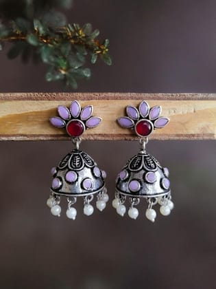 German Silver Pearl & Stone Designer Jhumka Earrings | Sarichka-Pink+Red