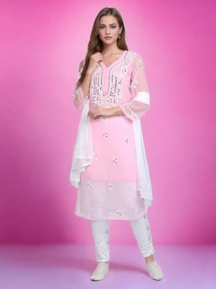 Pink Mirror Chikankari Handmade Kurti Set-36-XS