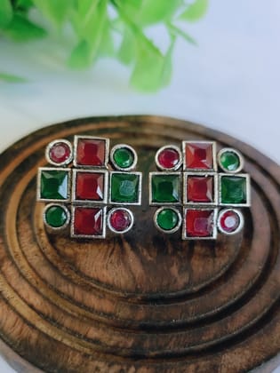 Oxidized Silver Stone Stud Earrings for Office Wear Elegance | Sarichka-Red+Green