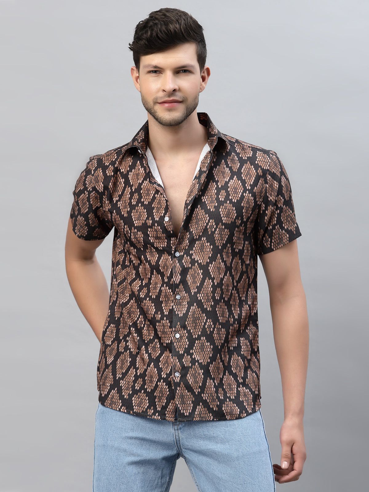 BROWN SNAKE PRINT HALF SLEEVE SHIRT-M / Brown