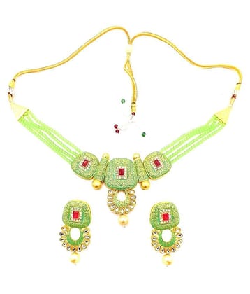 Jewar Mandi Brass Green Designer Necklaces Set Collar - Green