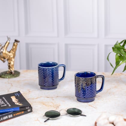Ceramic Tea Coffee Mugs with Handles Set of 2 | Microwave Safe | Dishwash resistant | Scratch Resistant | Metallic Blue | H-4.5" D-3"