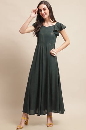 Green Color Solid Printed Dress For Women-S