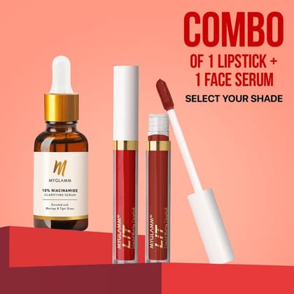 MyGlamm Exclusive Combo of LIT Liquid Matte Lipstick + MyGlamm 10% Niacinamide Clarifying Serum | Transfer Proof Lipstick & Face Serum Enriched With Moringa