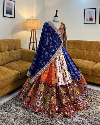 Multicolour Chex Design Lehengha Choli With Mirror Work