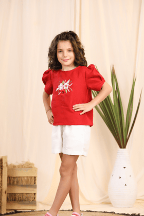 Red Linen Embroided Top and Shorts Set-0-6 months