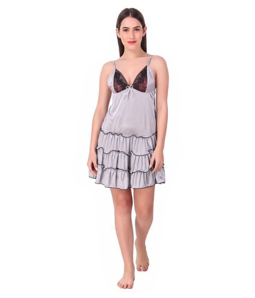 N-Gal Satin Baby Doll Dresses Without Panty - Grey - None