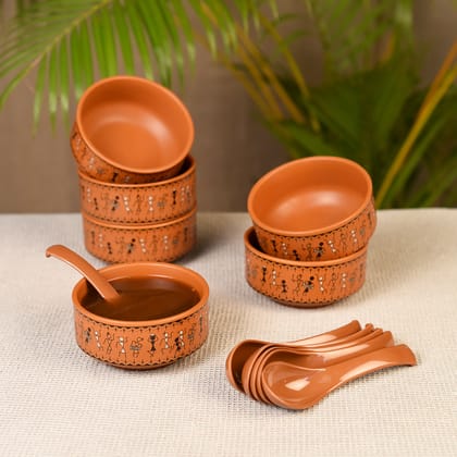 IKrafties Handmade Ceramic Warli Dancing Art Soup Bowls (Set of 6)