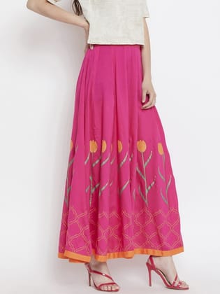 Women Pink Tulip Block Printed Flared Maxi Skirt