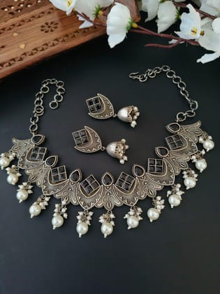 Silver Replica Pearl & Ghungroo Necklace Set with Jhumkas - Navratri Special | Sarichka-Black