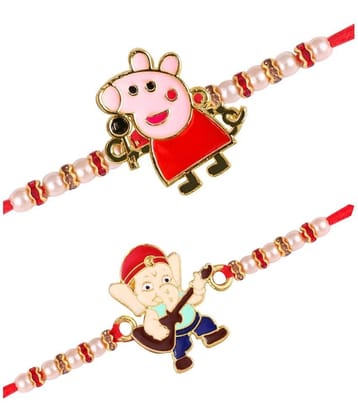 Vighnaharta Veena Ganesh Peppa Pig combo cartoons Gold and Rhodium Plated Alloy Kids Rakhi for Lovely Brother[VFJ1158-1155RKG] - None