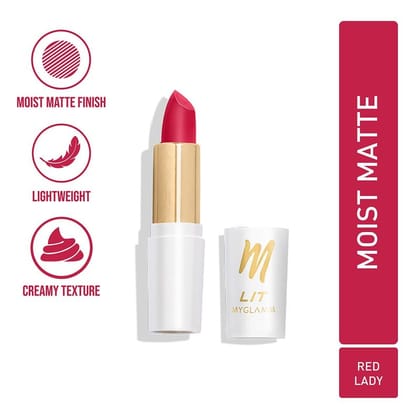 MyGlamm LIT Moist Matte Lipstick - Red Lady (Red Pink Shade)| Long Lasting, Pigmented, Hydrating Lipstick with Moringa Oil and Vitamin E