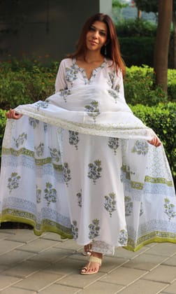 Cotton White Mughal Handblock Print Suit with Cotton Printed Dupatta-S