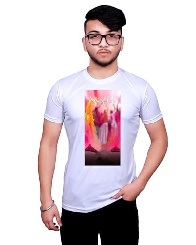 NITYANAND CREATIONS Round Neck White Holi T-Shirt for MEN-HOLI-T-SHIRT-11541-S