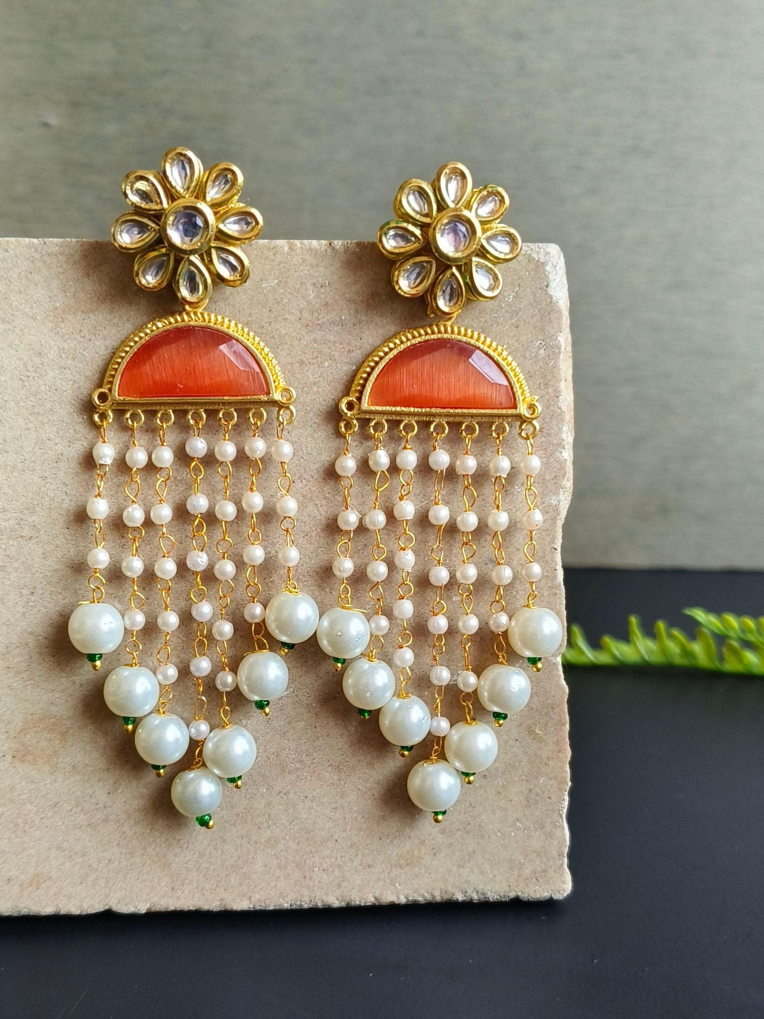 Gold Plated Long Earring with D Shape Monalisa Stone | Sarichka-Orange