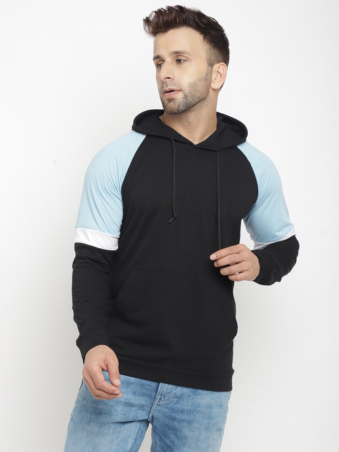 Gritstones Men Hooded Full Sleeve Black Color Block Kangaroo Pocket Cotton T-Shirt