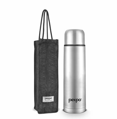 Pexpo 24 Hrs Hot & Cold, 1000 ML Stainless Steel Insulated ISI Certified Flask with Jute Bag, Silver, Set of 1, Flamingo | Leak-Proof | Eco-Friendly | Office | Home | Kitchen | Travelling | Hiking