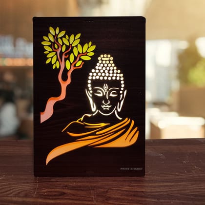 MDF Wood Art Work Led Frame Wooden Color with Laser Cut Finish (Led Lord Buddha Frame)-5*20*5 CM