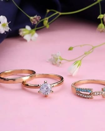 TRENDISIA Contemporary Style Inspired Gold Plated Minimal Design Semi Prcecious Rhinestones Studded Finger Rings Combo Pack of Three for Women and Girls