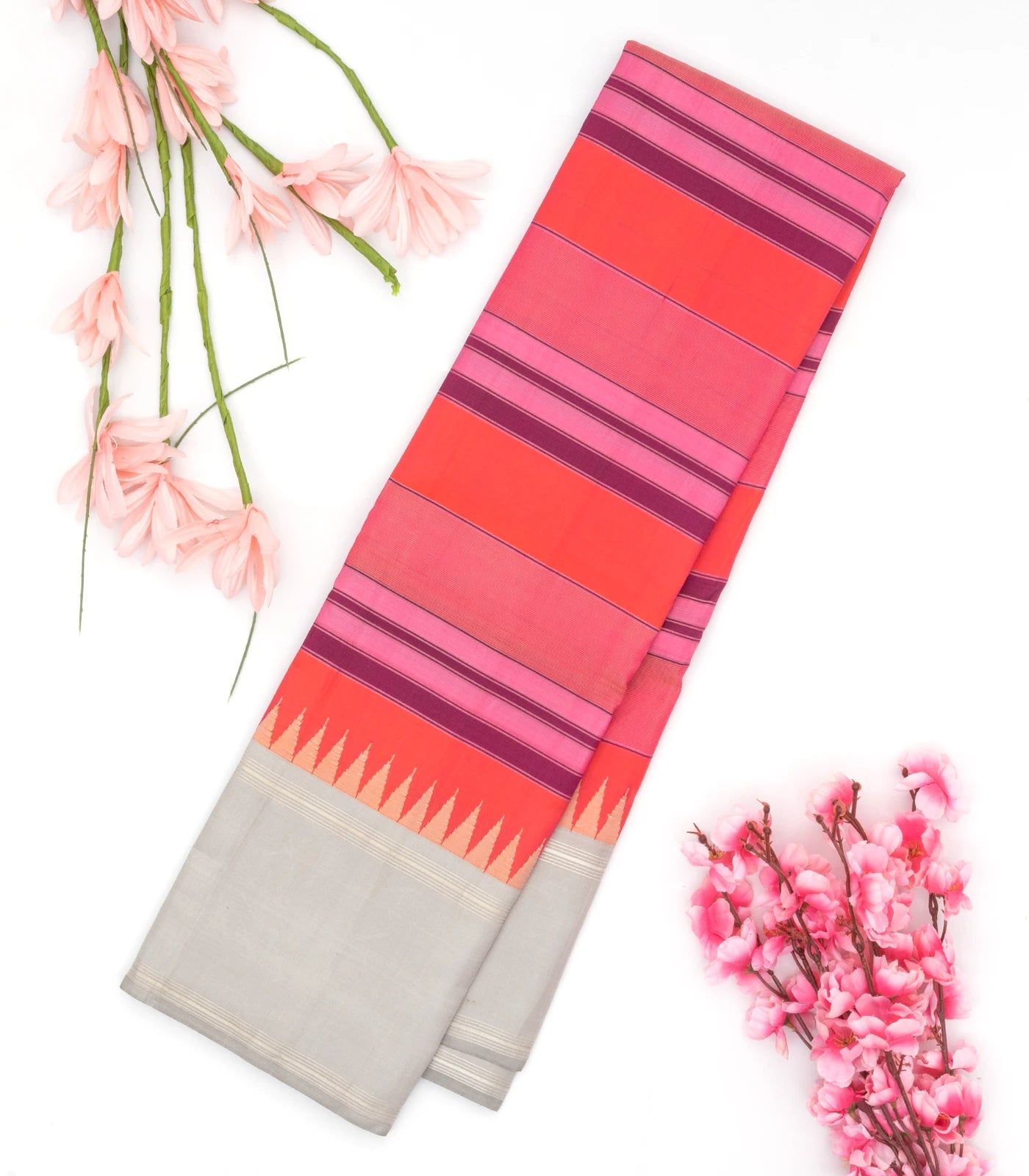 Peach & Pink Handloom Kanchipuram Korvai Silk Saree With Stripes-Peach