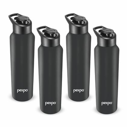 PEXPO Stainless Steel Sports/Fridge Water Bottle, 750 ml, Knight Black, Chromo Xtreme | Wide Mouth & Leak-Proof Water Bottle (Pack of 4)