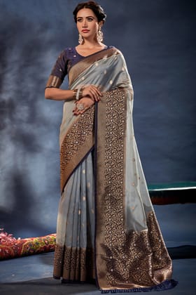 Storm Grey and Blue Organza Silk Saree