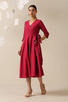 Okhai 'Cherry-Ful' Pure Cotton Applique Work Hand Embroidered Wrap Dress-XS