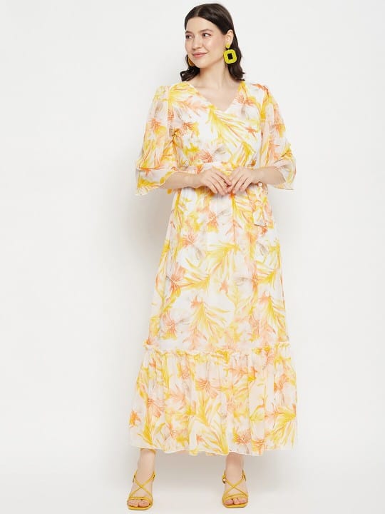 Floral Printed V-Neck Flared Sleeves Tie-Up Detailed Fit & Flare Maxi Dress