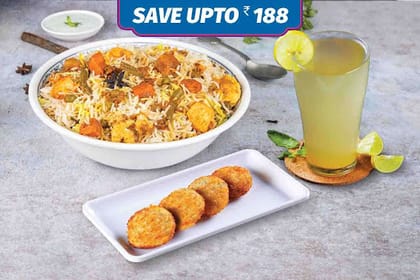 Veg Half Kg Biryani+ Kebab Meals + Beverage Meal __ Lucknowi Paneer Subz Biryani -Serves 1,Falafel Shots With Mayo Dip,Masala Lemonade (180 Ml)