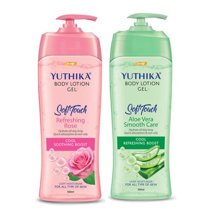 Yuthika Body Lotion Gel 500ml Combo Pack, Refreshing Rose and Aloe Vera Body Lotion for Summer, Winter, Non-Oily Gel Body Lotion