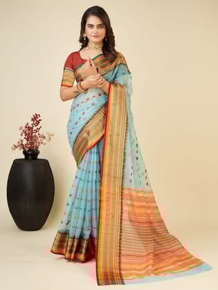 Ethnic Motifs Woven Design Zari Chanderi Saree