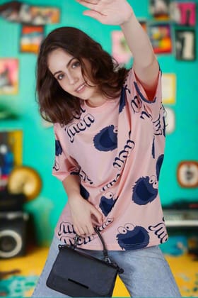 Korean Print : Peach Oversized Tshirts for Womens-S