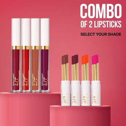 MyGlamm Exclusive Combo of LIT Matte Lipstick and LIT Creamy Matte Lipstick | Smudge-proof, Transfer-proof & Long Lasting, Creamy, Demi-matte Slim Lipsticks
