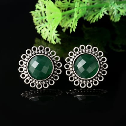 Stone Studded Silver Oxidized Earrings | Sarichka-Green