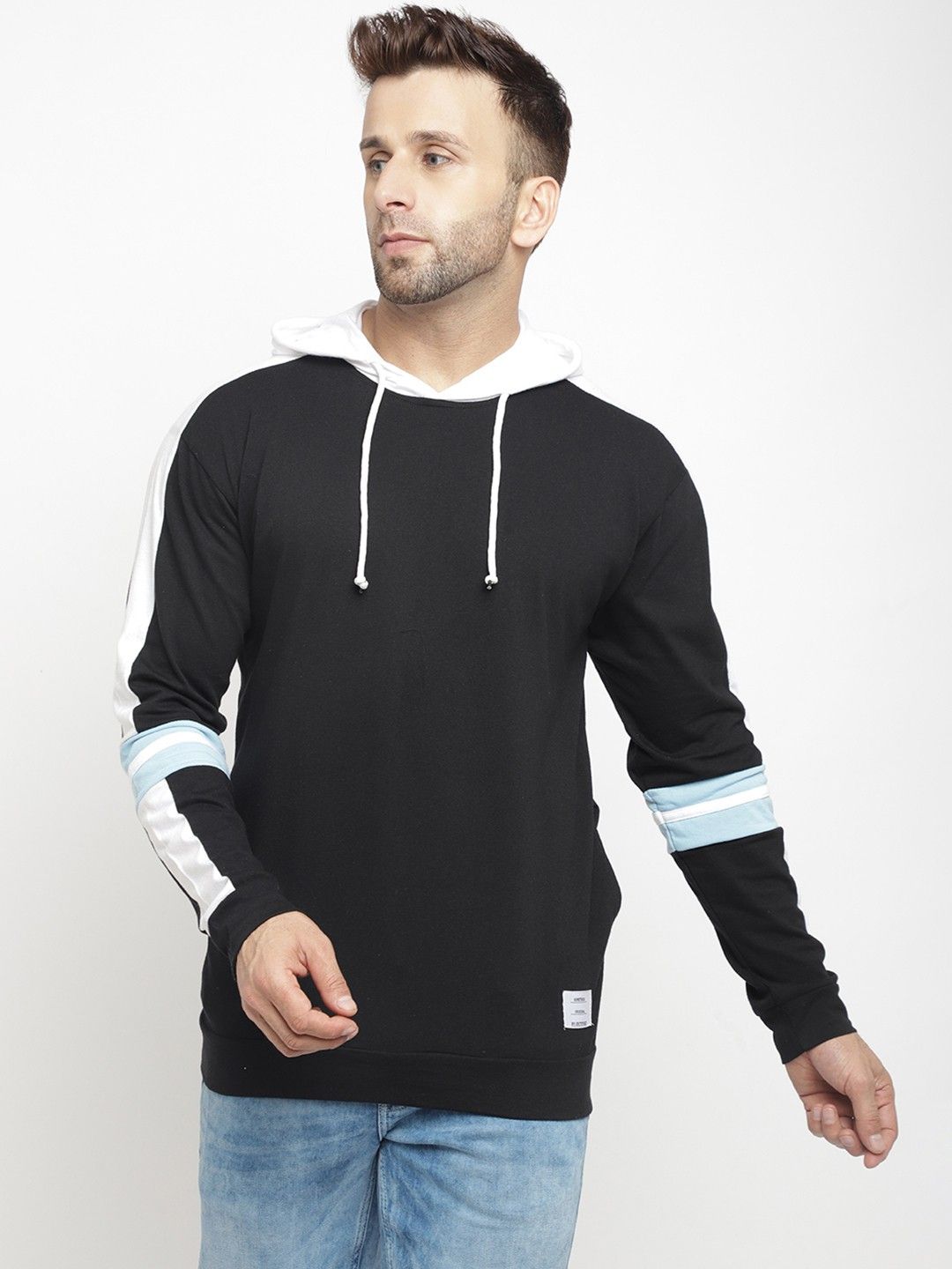 Gritstones Men Hooded Full Sleeve White Black Color Kangaroo Pocket Cotton T-Shirt