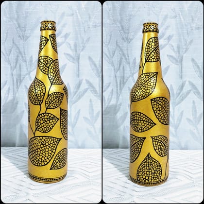 Hand painted Bottleart - Golden with Black Leaves - Bottles & Brushes