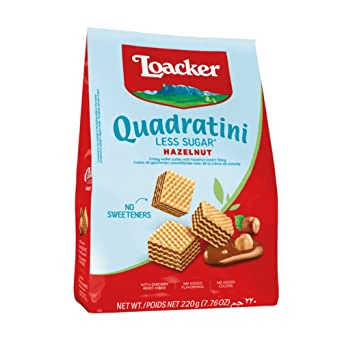 Loacker Less Sugar Crispy wafer cubes with hazelnut cream filling, 110 gm